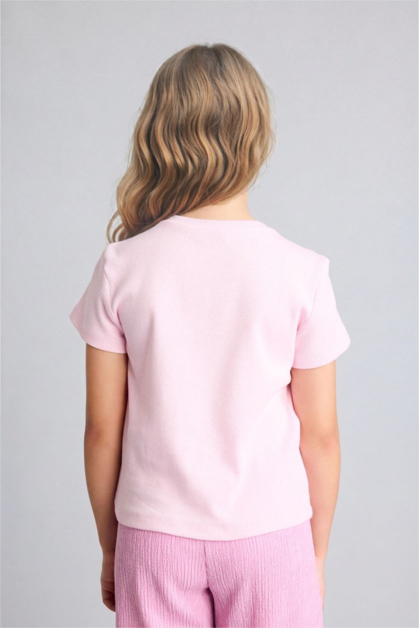 GIRLS & TEENS Pink تيشيرت نص كم مضلع قصة عادية