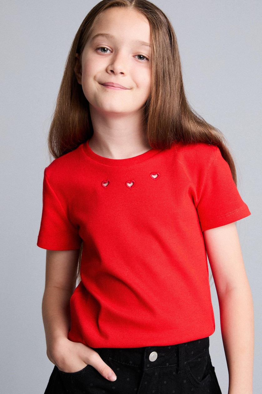 Young Girls - Teen Girls Red Girl Regular Fit Ribbed Short Sleeve T-Shirt