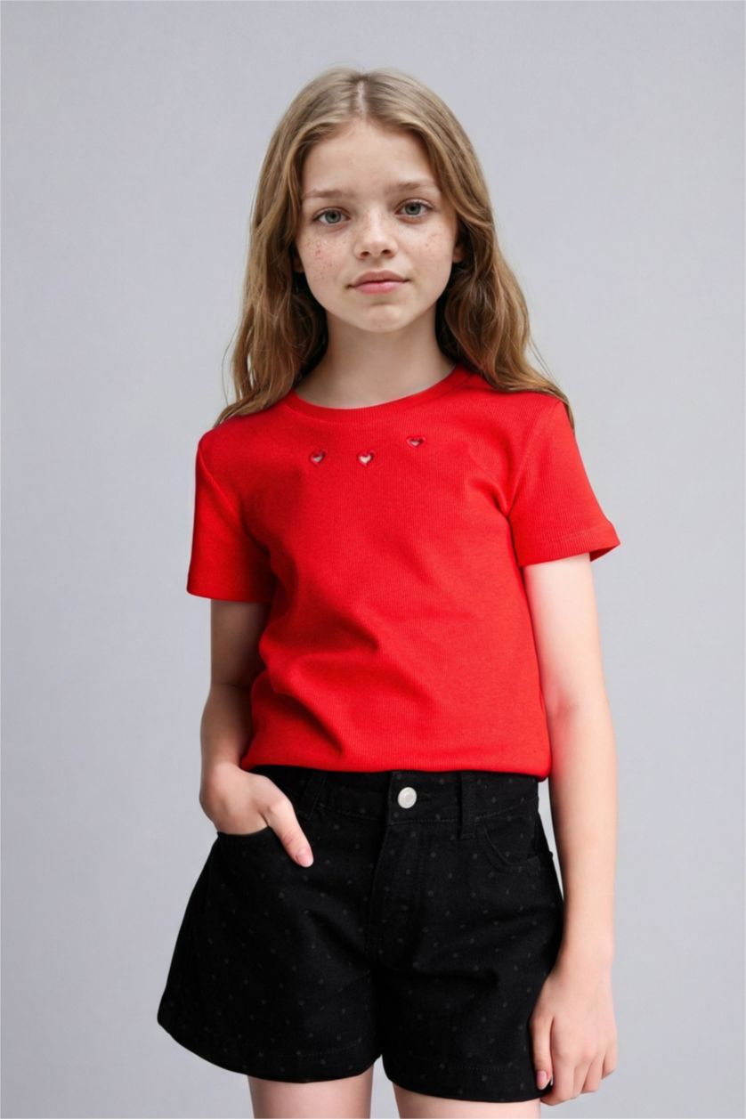 FILLES Rouge T-shirt côtelé à col rond et manches courtes Coupe régulière pour fille