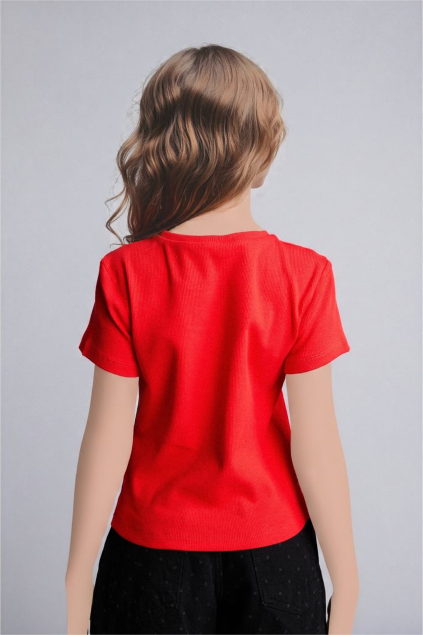 FILLES Rouge T-shirt côtelé à col rond et manches courtes Coupe régulière pour fille