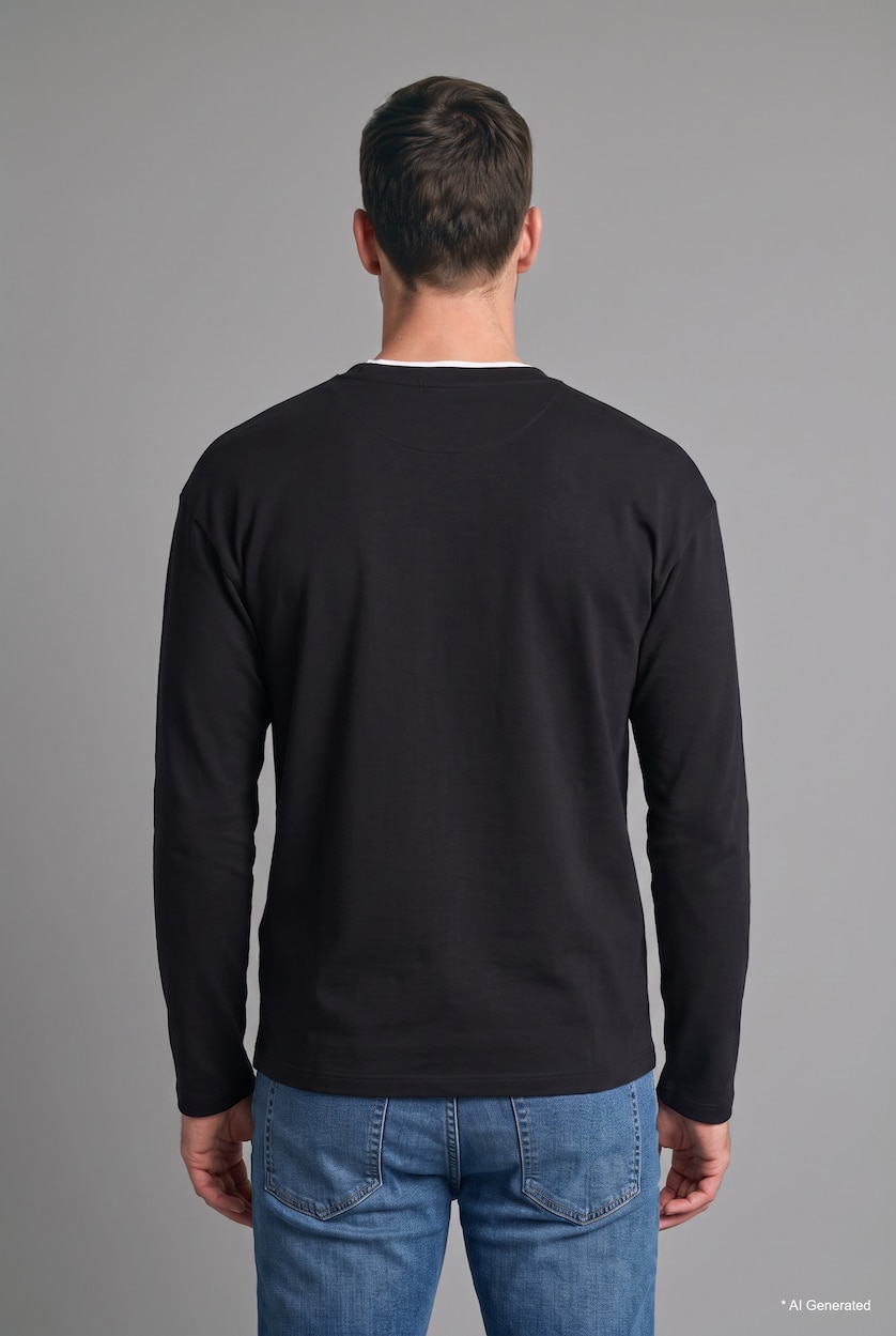 Erkek Siyah %100 Pamuk Regular Fit Uzun Kollu Basic Tişört