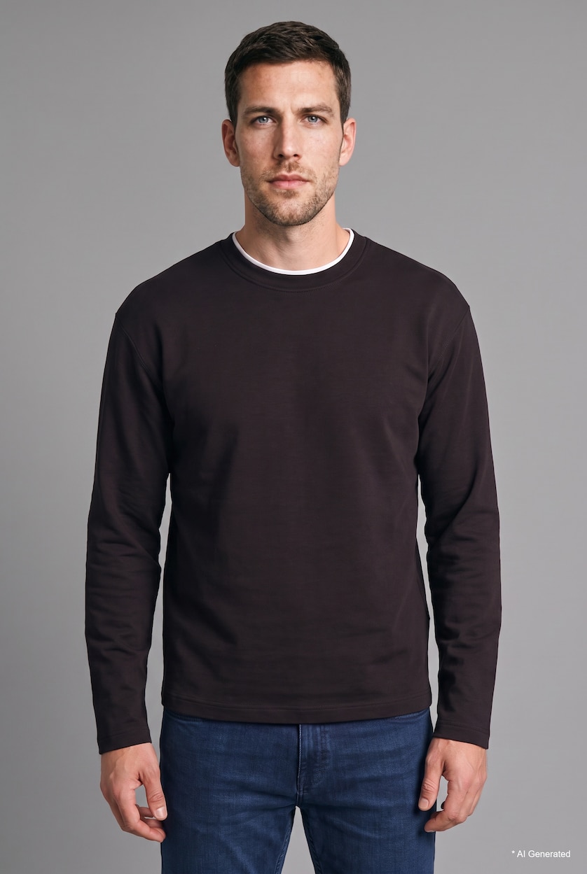 Men Brown 100% Cotton Regular Fit Crew Neck Contrast Detail Long Sleeve Basic T-Shirt