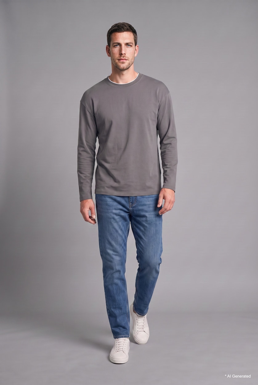 Men Grey 100% Cotton Regular Fit Crew Neck Contrast Detail Long Sleeve Basic T-Shirt