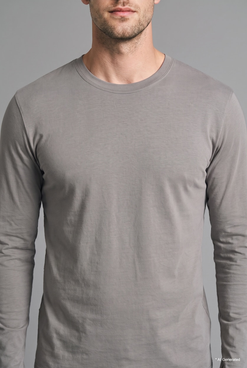 Man Grey 100% Cotton Regular Fit Crew Neck Contrast Detail Long Sleeve Basic T-Shirt
