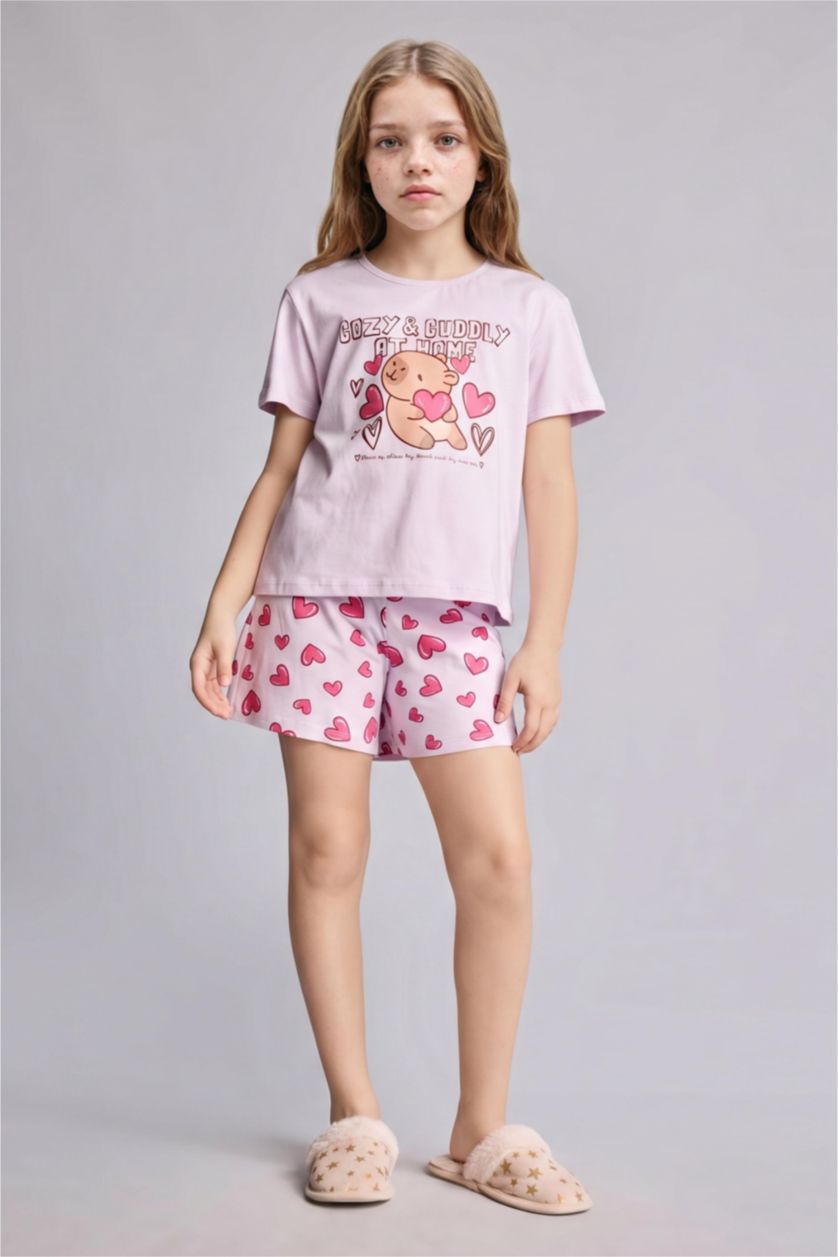 Kız Çocuk - Genç Kız Açık Pembe %100 Pamuk Regular Fıt 2'li Pijama Takımı Kız Çocuk