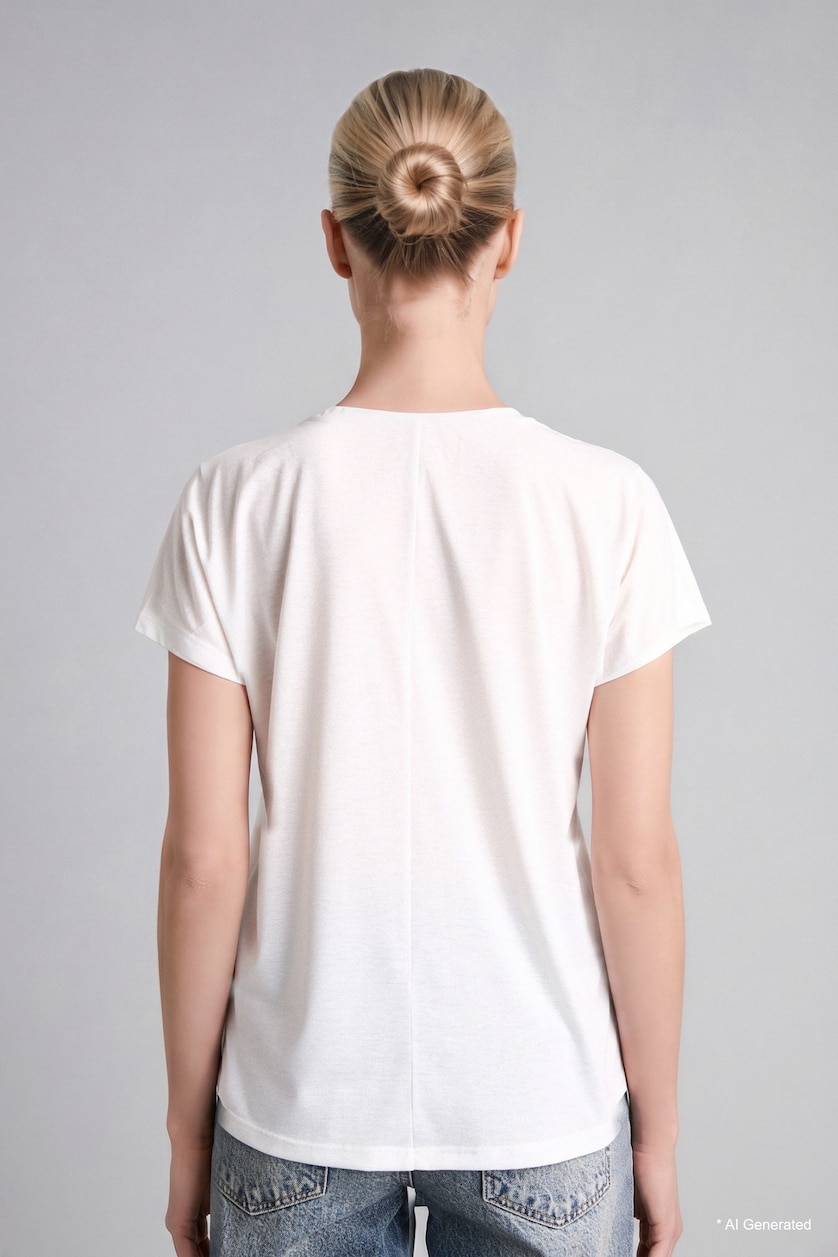 Women Ecru Crew Neck Puff Print Short Sleeve T-Shirt