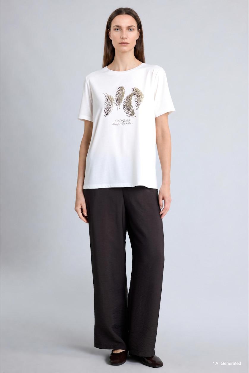 Women Ecru Regular Fit Ecru Printed Crew Neck Short Sleeve T-Shirt