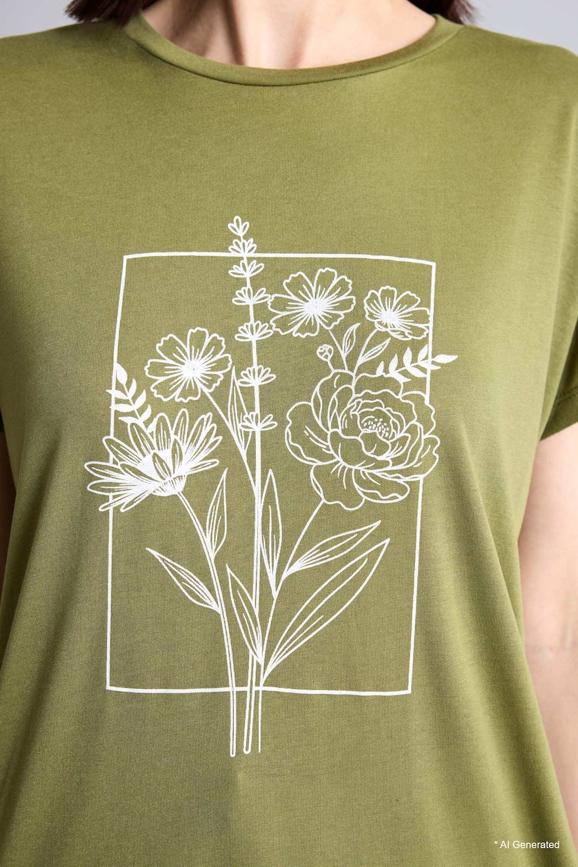 Women Olive Crew Neck Floral Olive Green T-Shirt