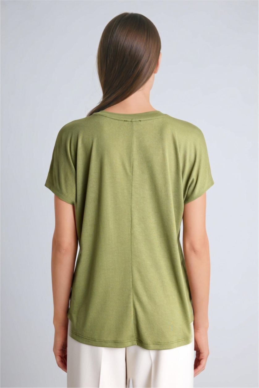 Women Olive Crew Neck Floral Olive Green T-Shirt