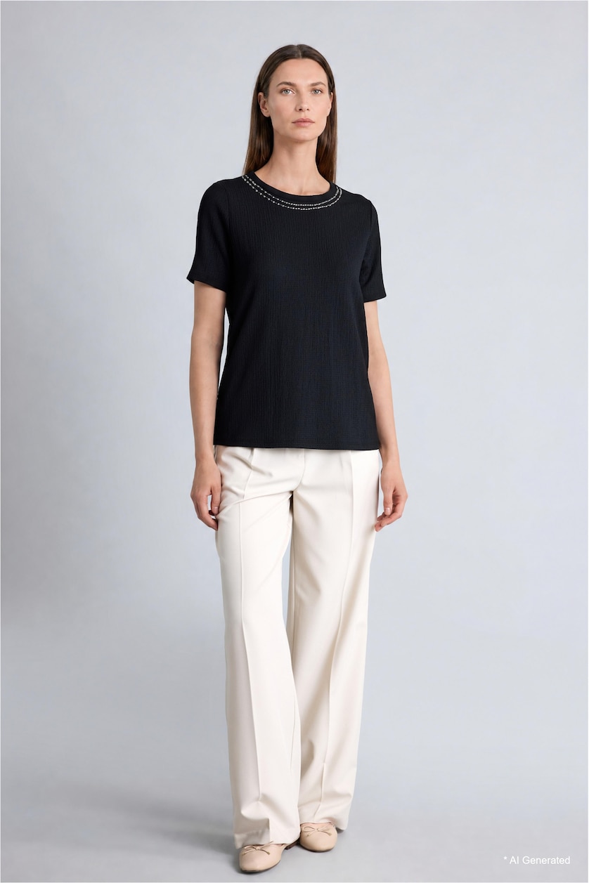 WOMAN Black Regular Fit Embroidered Texture Crop T-Shirt
