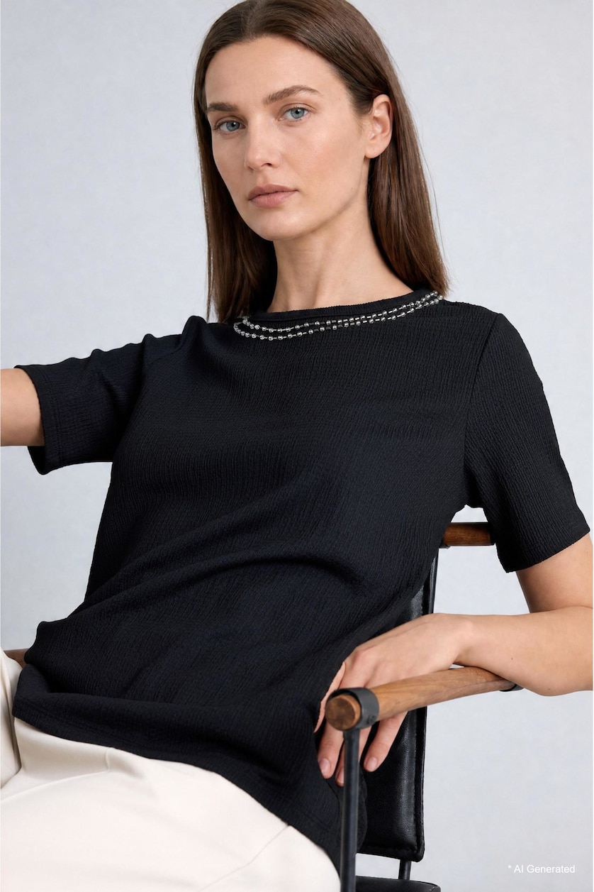 WOMAN Black Regular Fit Embroidered Texture Crop T-Shirt