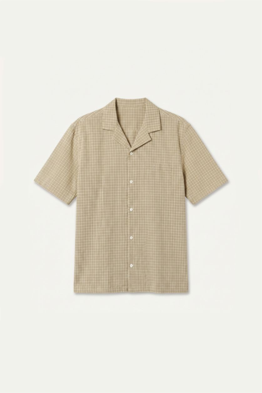 Erkek Açık Sarı Relaxed Fit Kısa Kollu Kareli Gömlek
