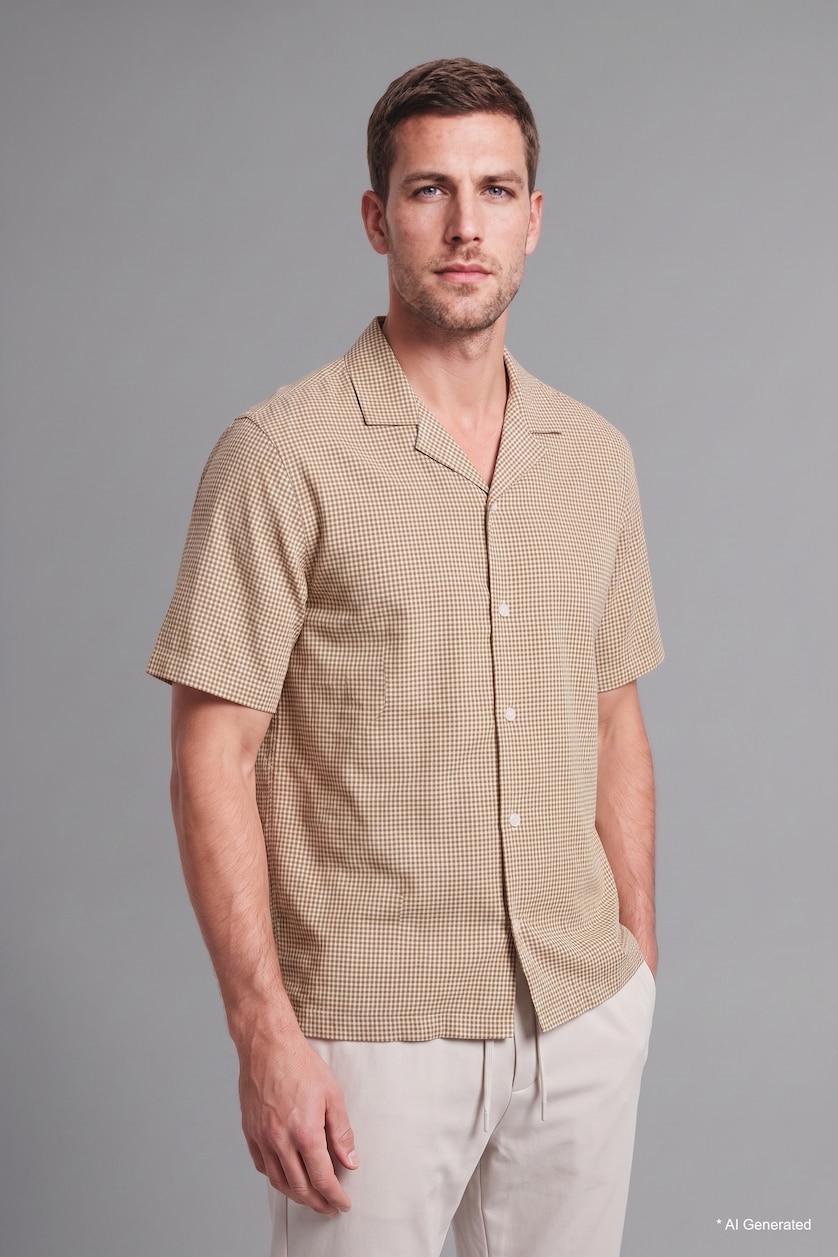 Men Light Yellow Relaxed Fit Cotton Checked Short Sleeve Shirt
