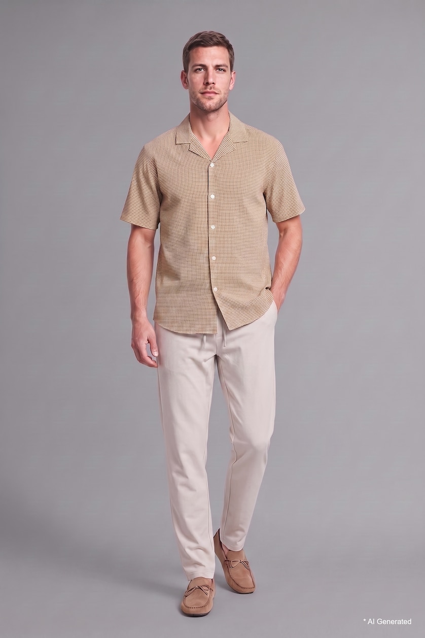 Men Light Yellow Relaxed Fit Cotton Checked Short Sleeve Shirt