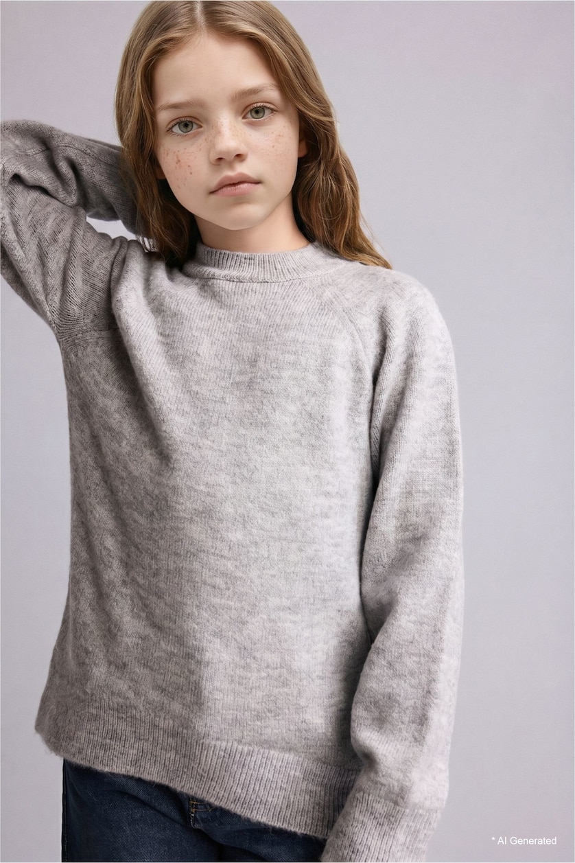 GIRLS & TEENS Light Grey بلوفر تريكو بناتي قصة عادية بياقة مستديرة