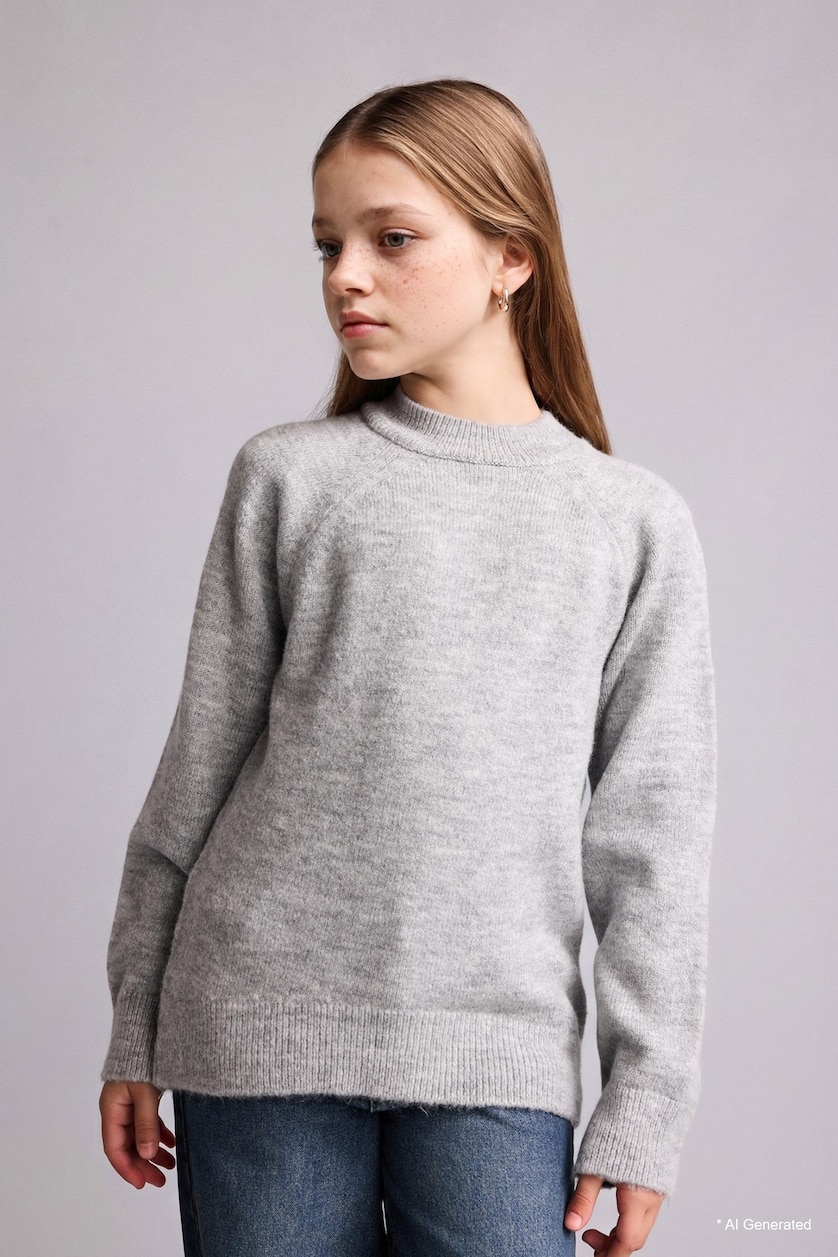 GIRLS & TEENS Light Grey بلوفر تريكو بناتي قصة عادية بياقة مستديرة