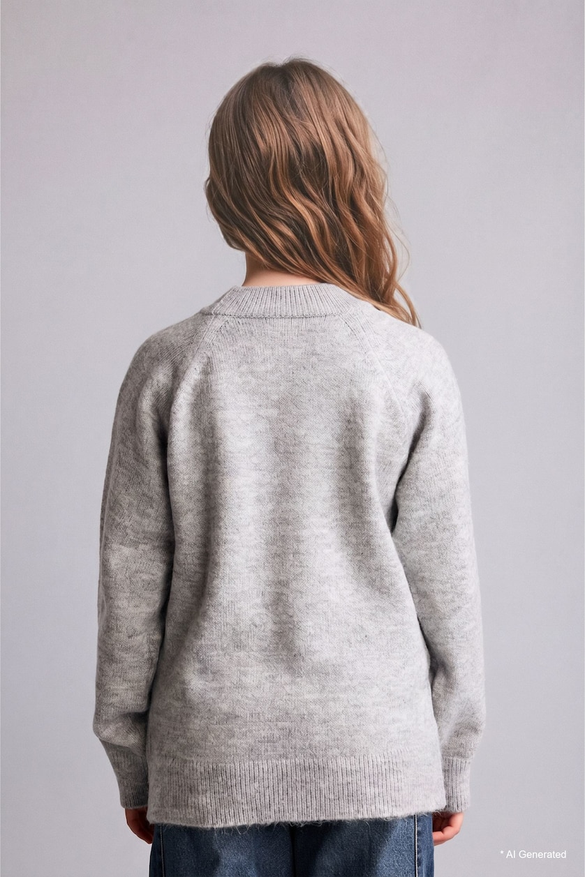 GIRLS & TEENS Light Grey بلوفر تريكو بناتي قصة عادية بياقة مستديرة