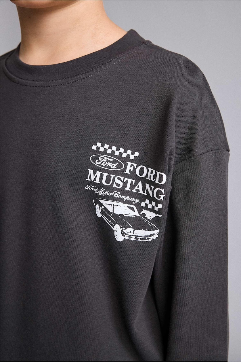 Erkek Çocuk - Genç Erkek Koyu Antrasit Ford Mustang Baskılı Oversize Tişört Erkek Çocuk