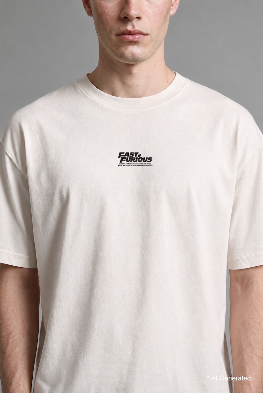 رجال بيج فاتح Boxy Fit Fast & Furious Printed Crew Neck Short Sleeve T-Shirt