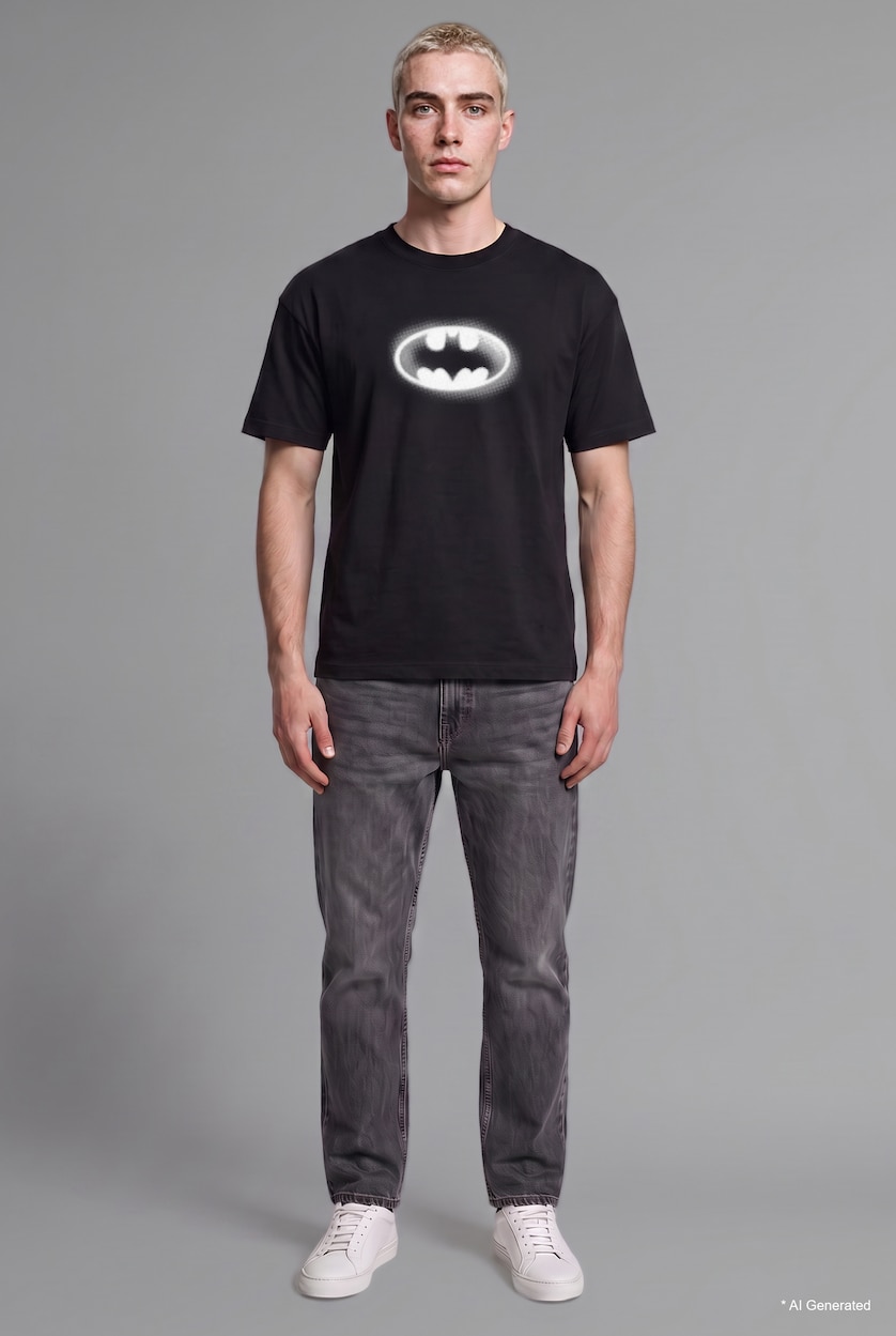 Erkek Siyah %100 Pamuk Boxy Fit Batman Baskılı Kısa Kollu Tişört