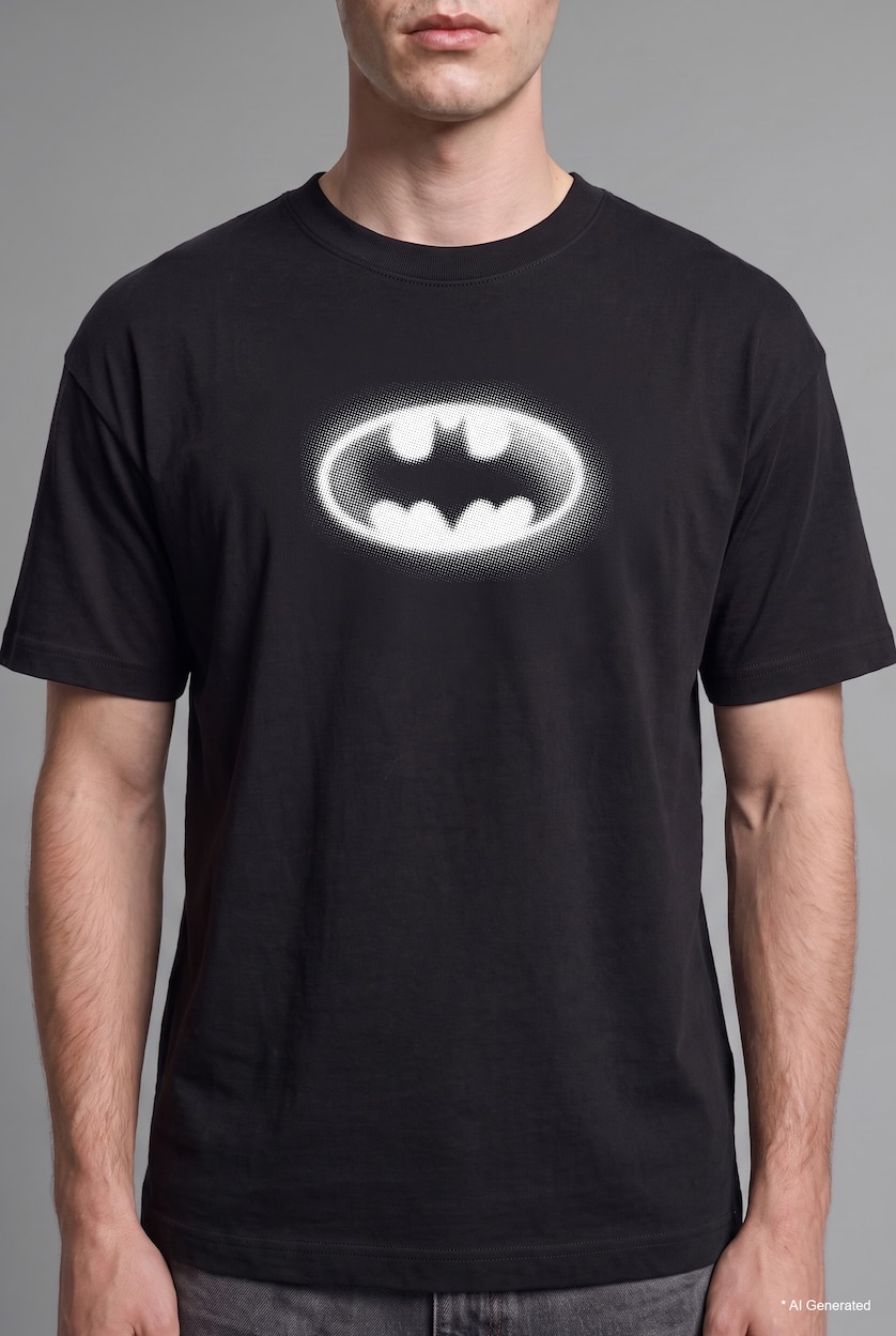Erkek Siyah %100 Pamuk Boxy Fit Batman Baskılı Kısa Kollu Tişört