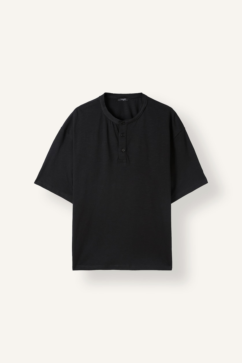 MAN Black Boxy Fit 100% Cotton Short Sleeve Henley T-Shirt
