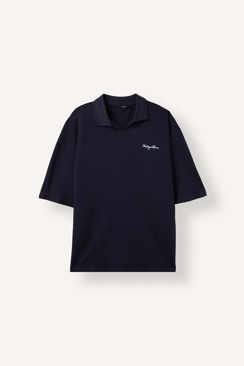 Erkek Lacivert Boxy Fit Minimal Baskılı Polo Tişört