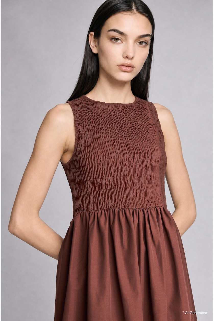 WOMAN Brown Crew Neck Brown Sleeveless Midi Dress