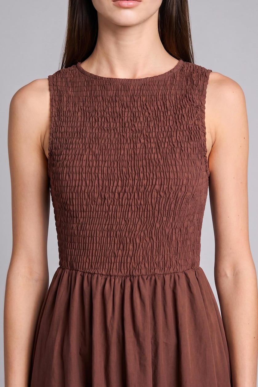 Women Brown Crew Neck Brown Sleeveless Midi Dress