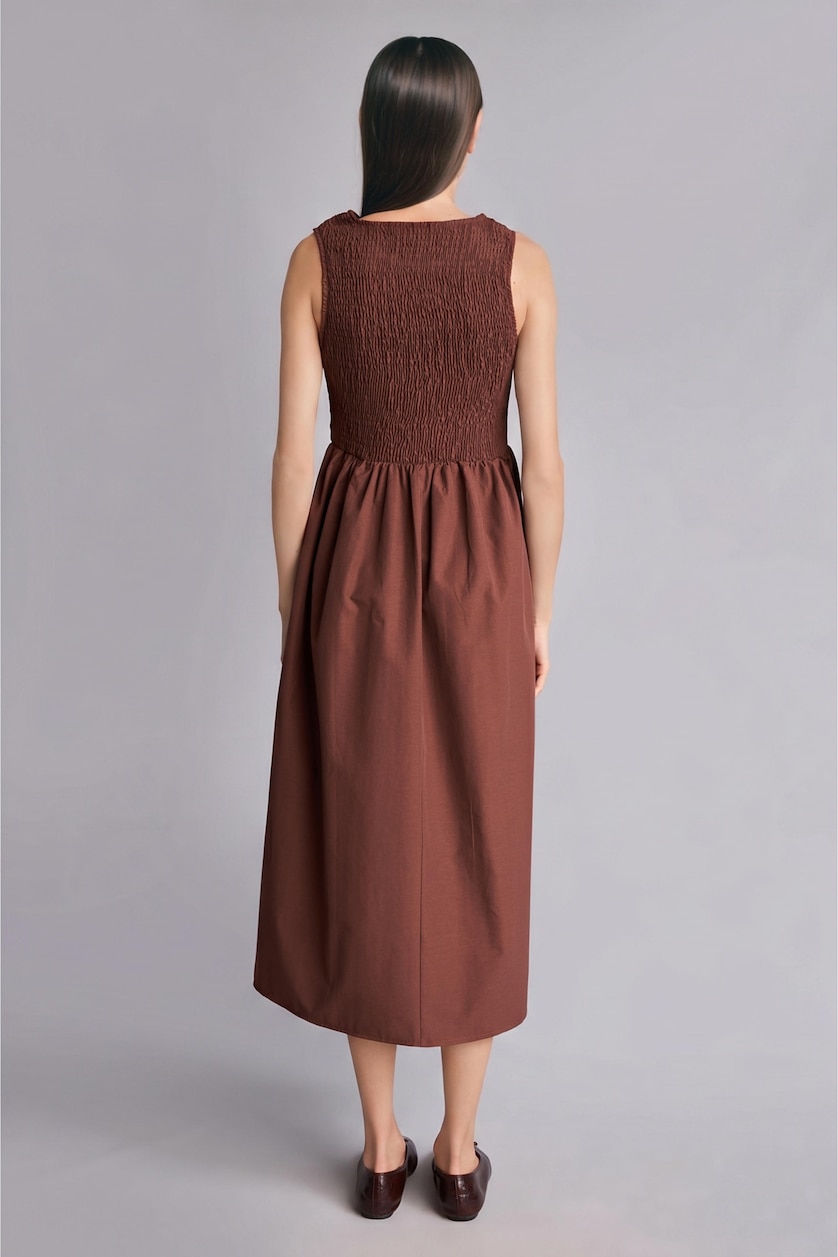 Women Brown Crew Neck Brown Sleeveless Midi Dress