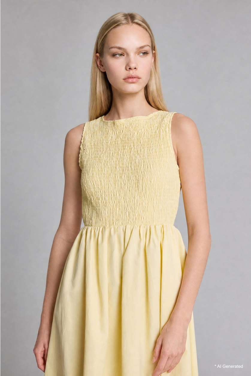 Women Light Yellow Light Yellow Cotton Sleeveless Crew Neck Midi Dress