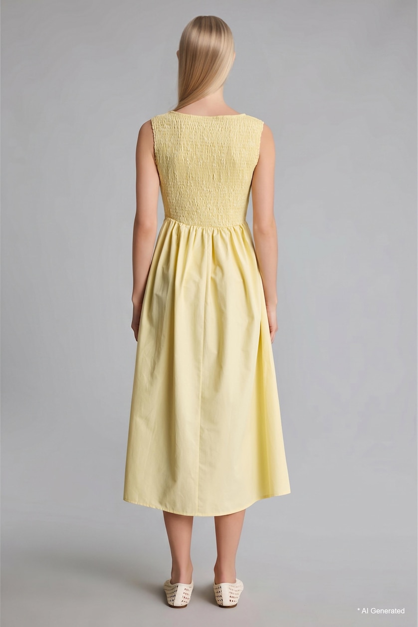 Women Light Yellow Light Yellow Cotton Sleeveless Crew Neck Midi Dress