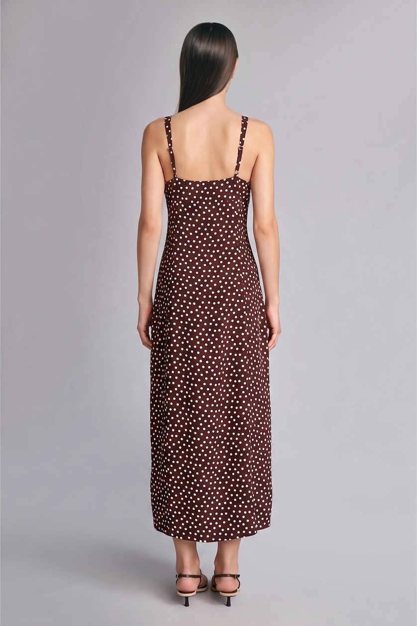 WOMAN Brown Regular Fit Polka Dot Linen Blend Strappy Midi Dress