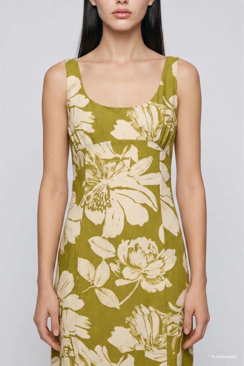 WOMAN Light Khaki Regular Fit Heart Collar Printed Linen Blended Sleeveless Midi Dress