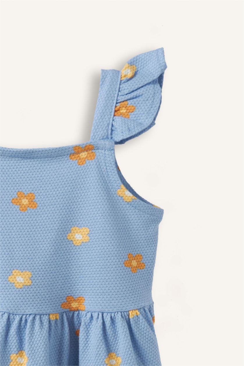 Kız Bebek Mavi %100 Pamuk Floral Askılı Elbise Kız Bebek