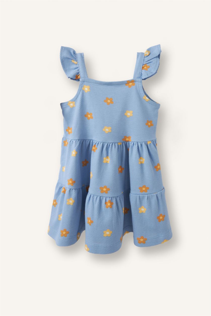 Kız Bebek Mavi %100 Pamuk Floral Askılı Elbise Kız Bebek