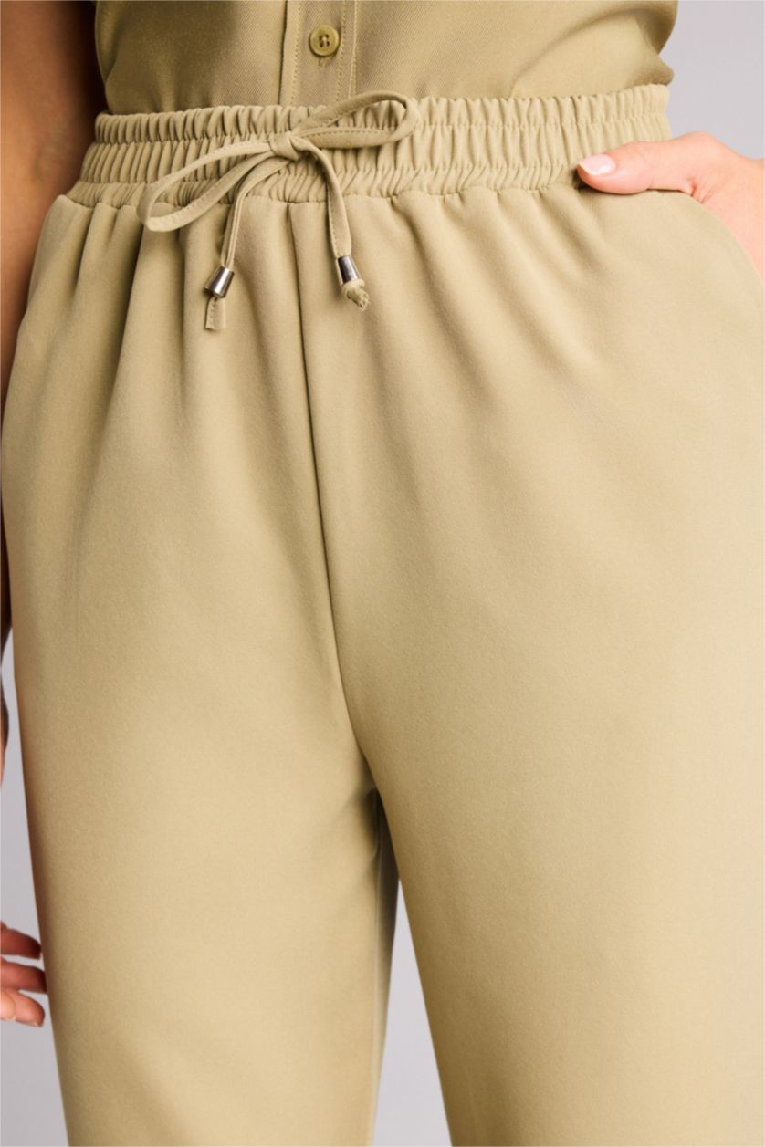 Kadın Haki Slım Fıt Cepli Yüksek Bel Jogger Paça Standart Boy Pantolon