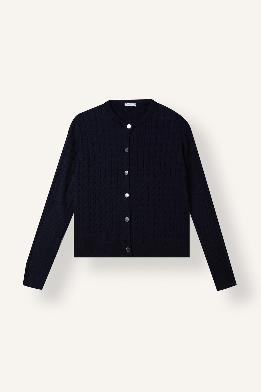 Women NAVY Regular Fit Basic Textured Knitted Crew Neck Buttoned Cardigan