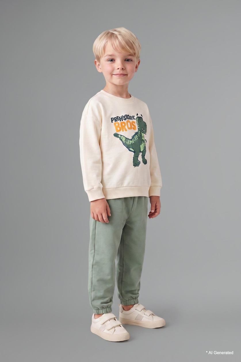 Baby Boys Ecru 2 piece Regular Fit Crew Neck Animal Set