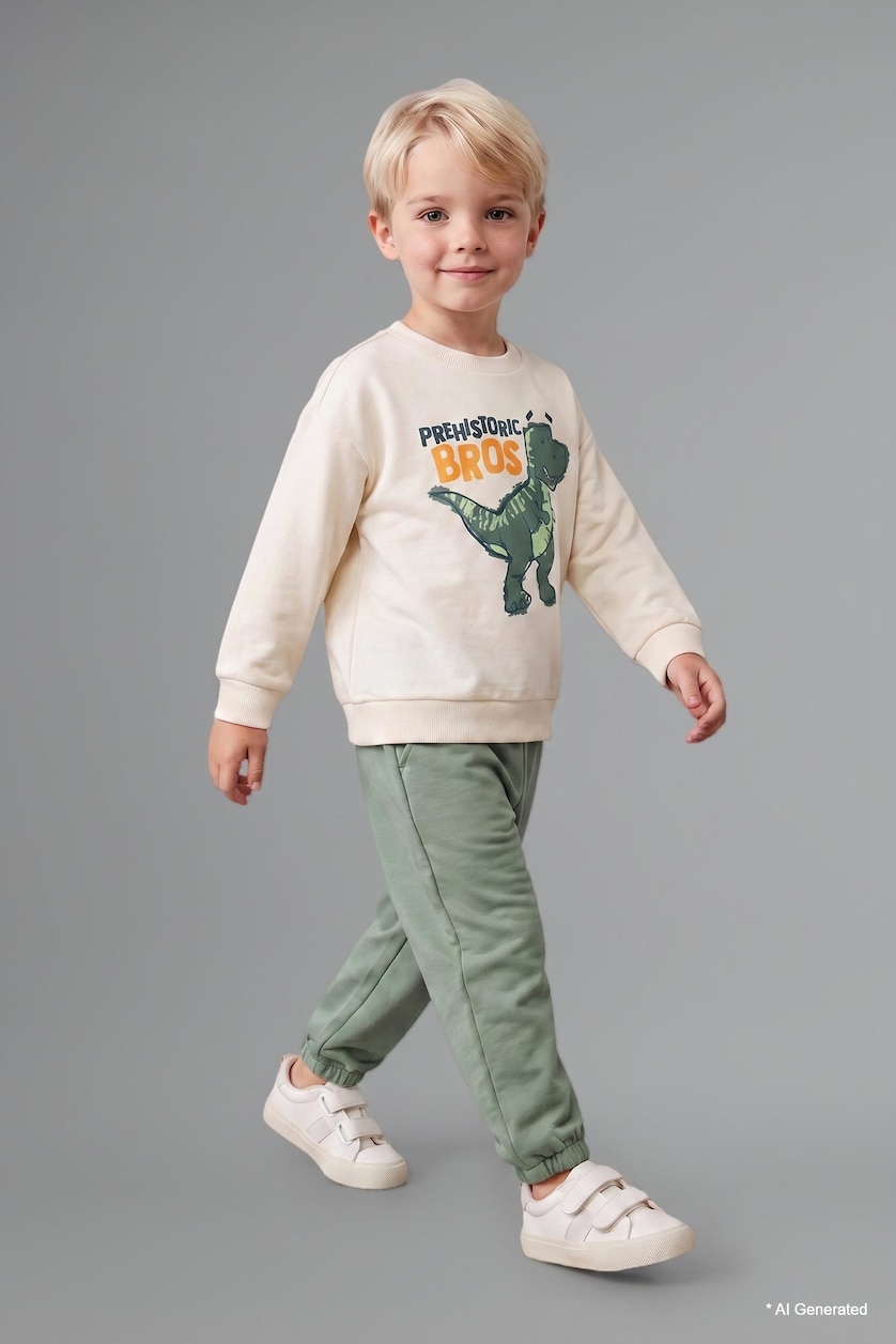 Baby Boys Ecru 2 piece Regular Fit Crew Neck Animal Set