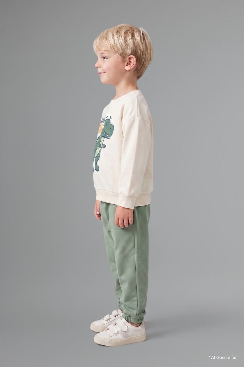 Baby Boys Ecru 2 piece Regular Fit Crew Neck Animal Set