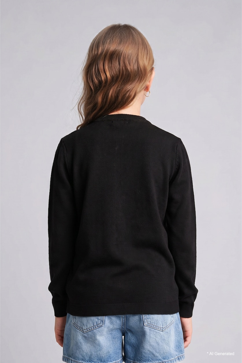 FILLES Noir Cardigan noir à col rond et manches longues pour fille