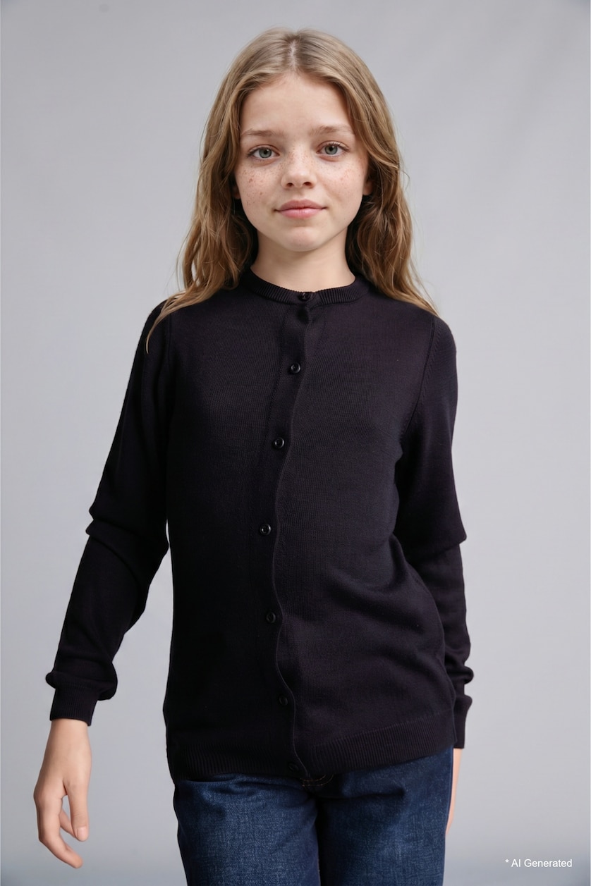 FILLES Marin Cardigan bleu marine à col rond et manches longues pour fille