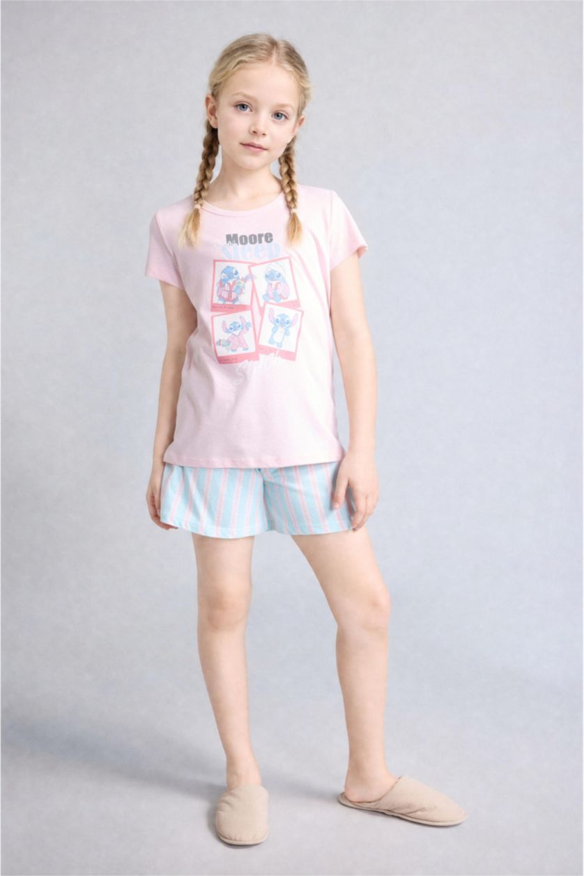 Kız Çocuk - Genç Kız Açık Pembe %100 Pamuk Lilo & Stitch Relaxed Fit 2'Li Pijama Takım Kız Çocuk
