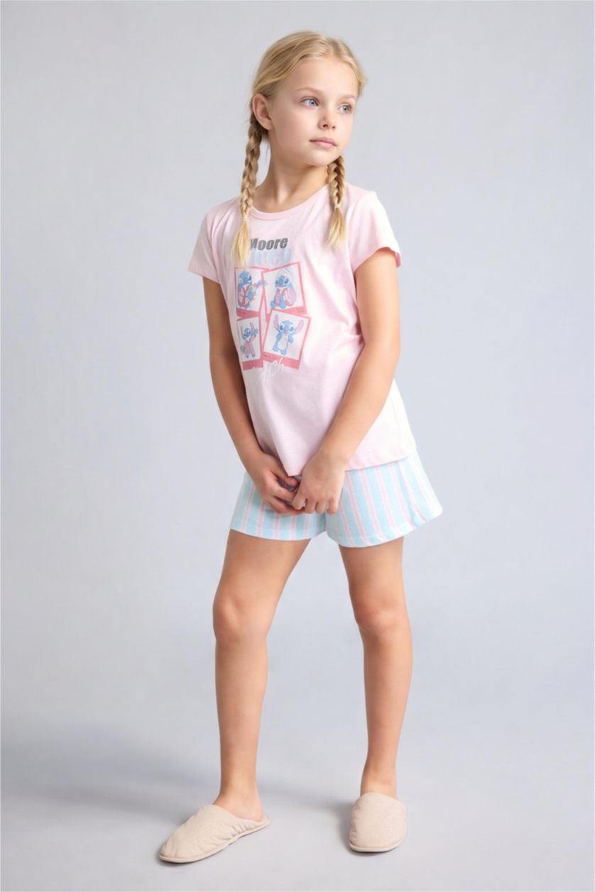 Kız Çocuk - Genç Kız Açık Pembe %100 Pamuk Lilo & Stitch Relaxed Fit 2'Li Pijama Takım Kız Çocuk