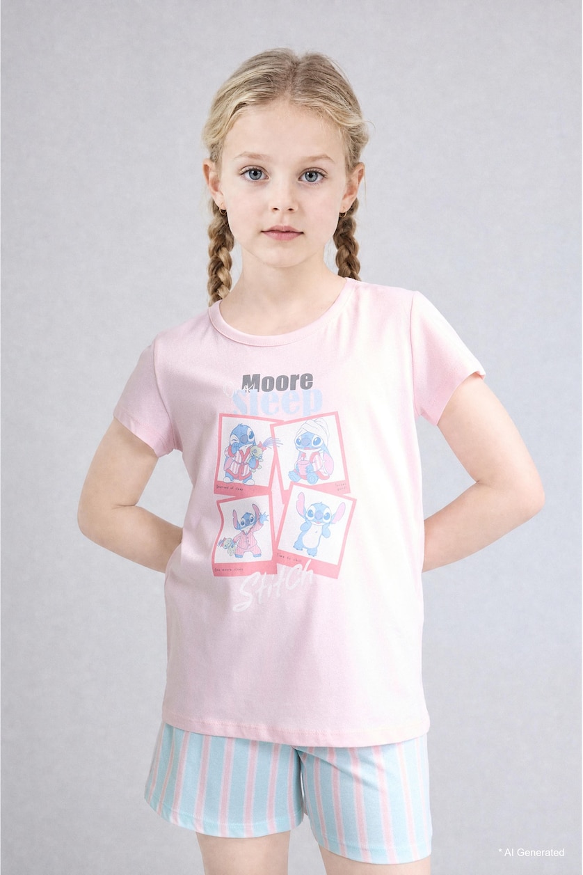 Girls & Teens Light Pink 2 piece Relax Fit Disney Lilo & Stitch Knitted Pyjamas