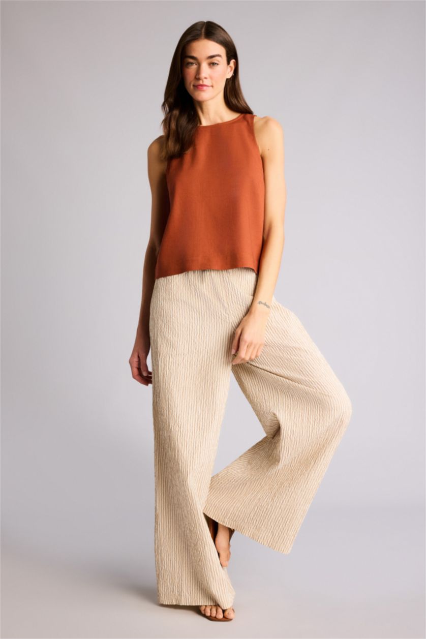 Kadın Taş Regular Fıt Yüksek Bel Geniş Paça Oxford Pantolon