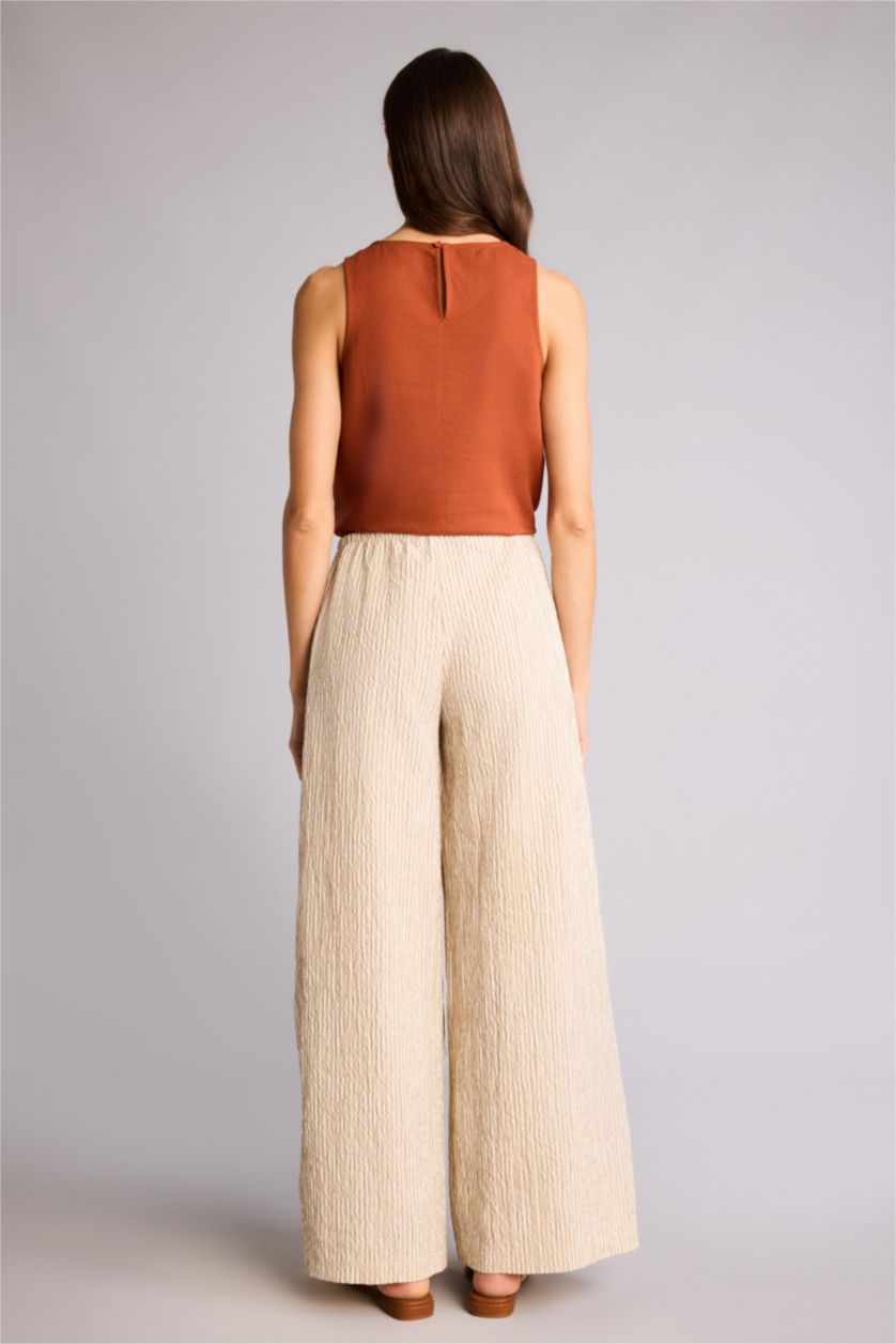 Kadın Taş Regular Fıt Yüksek Bel Geniş Paça Oxford Pantolon