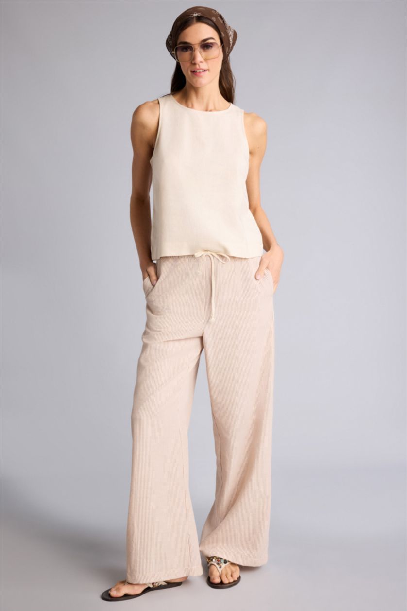 Kadın Açık Bej Regular Fıt Yüksek Bel Geniş Paça Oxford Pantolon