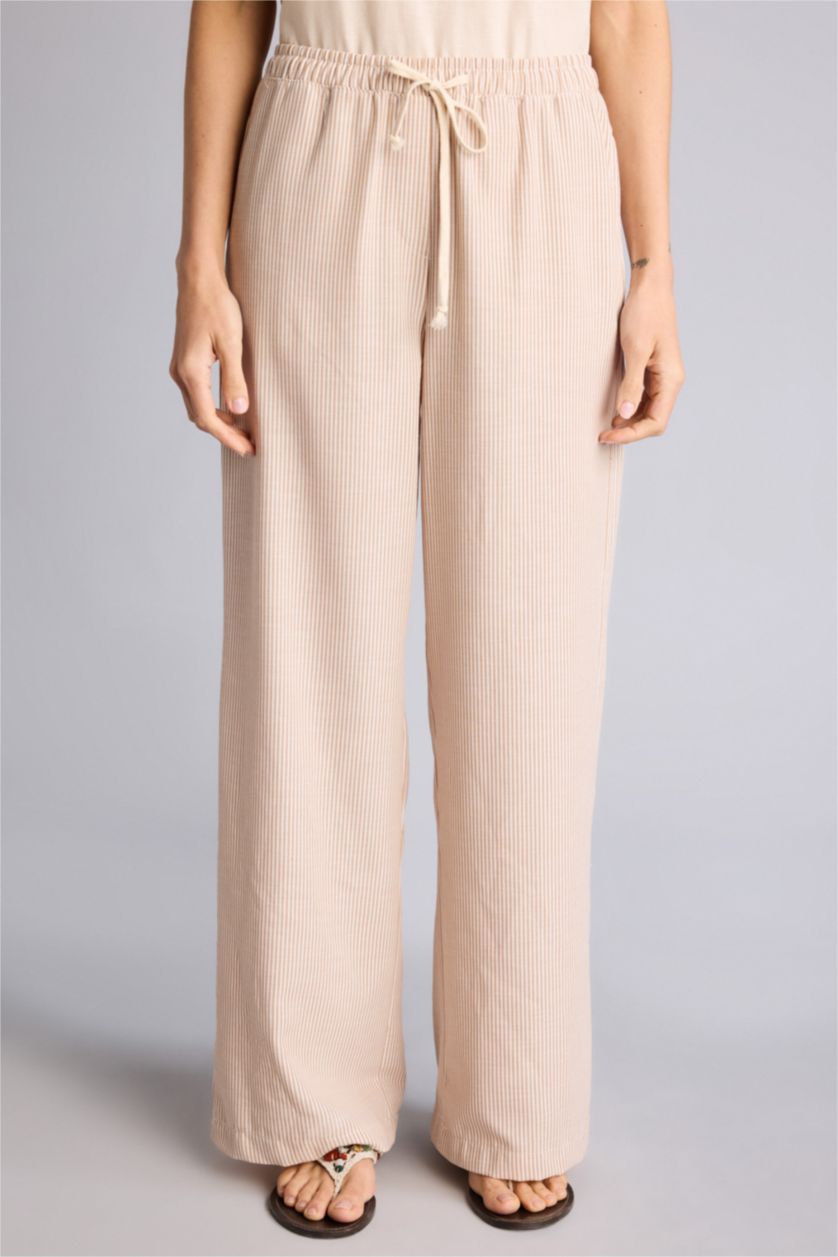 Kadın Açık Bej Regular Fıt Yüksek Bel Geniş Paça Oxford Pantolon